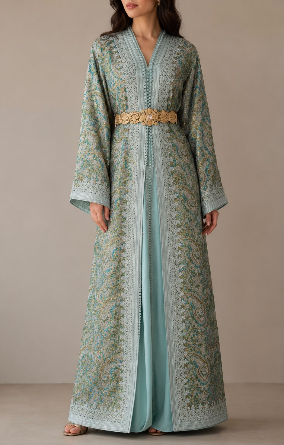 Fayrouz Qaftan in turquoise brocade