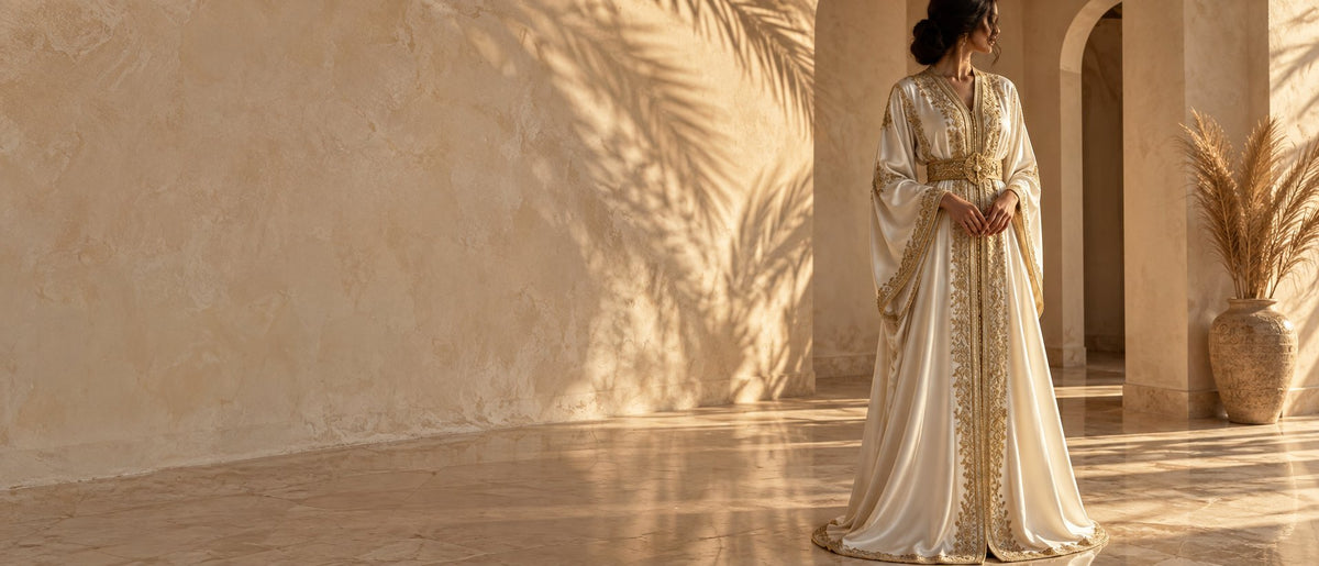 An ivory and gold qaftan in a sunlit riad