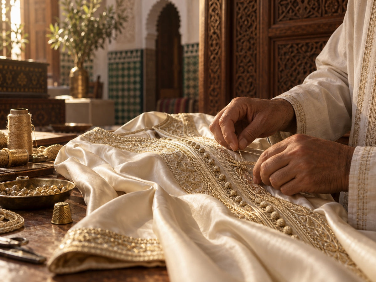 A Moroccan artisan's hands stitching gold sfifa braid and aakad buttons onto an ivory silk qaftan