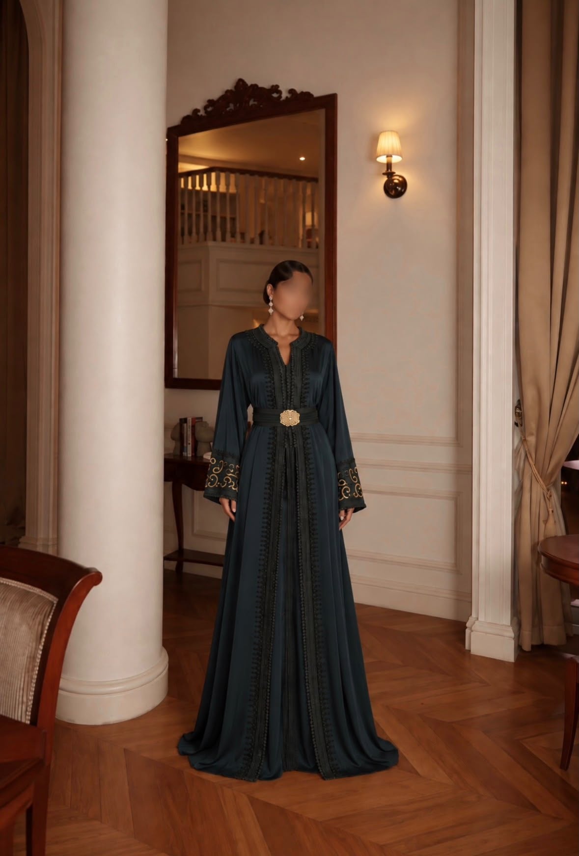 Layla Qaftan in midnight satin, full length