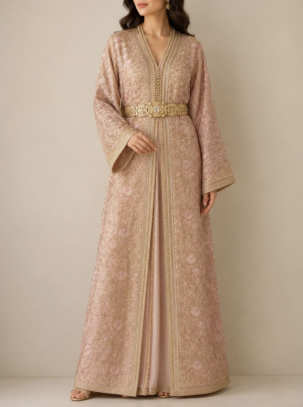 Warda Qaftan in blush with gold embroidery
